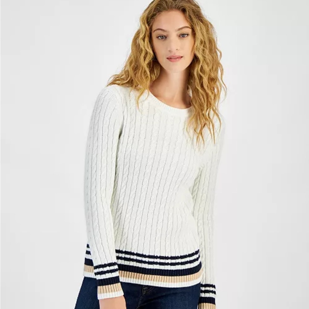 Tommy Hilfiger Cable-Knit Crewneck Sweater Size XS Cotton Tipping Preppy Classic